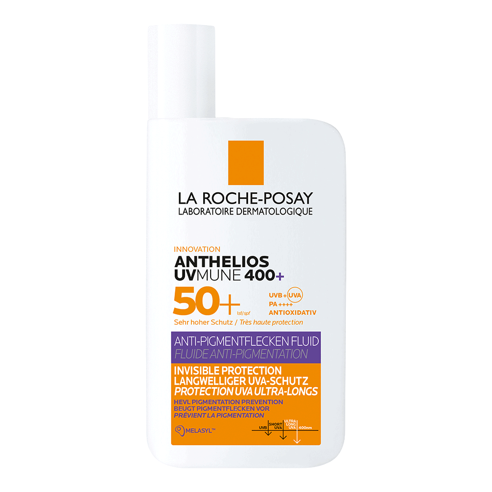 Flasche von La Roche-Posay Anthelios UVmune 400+, Sonnenschutz mit SPF 50+, Schutz vor UVA/UVB-Strahlen, Anti-Pigmentflecken-Fluid.
